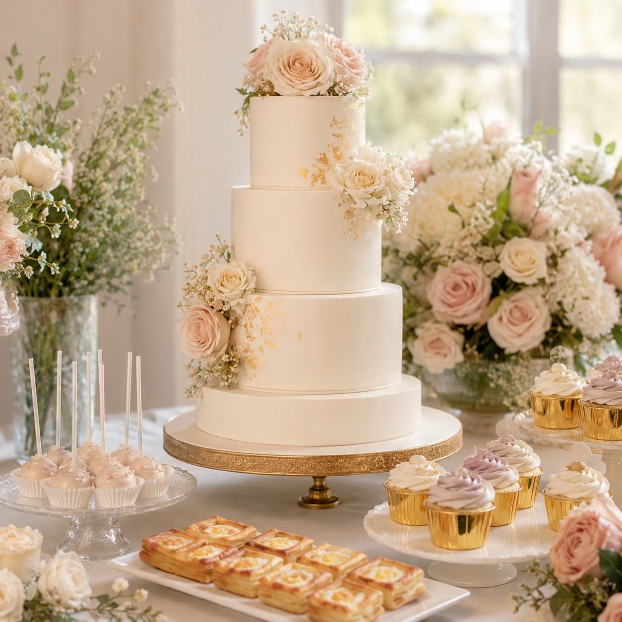 Romantic Vava Dessert Tables wedding setup with white and blush florals at a GTA venue