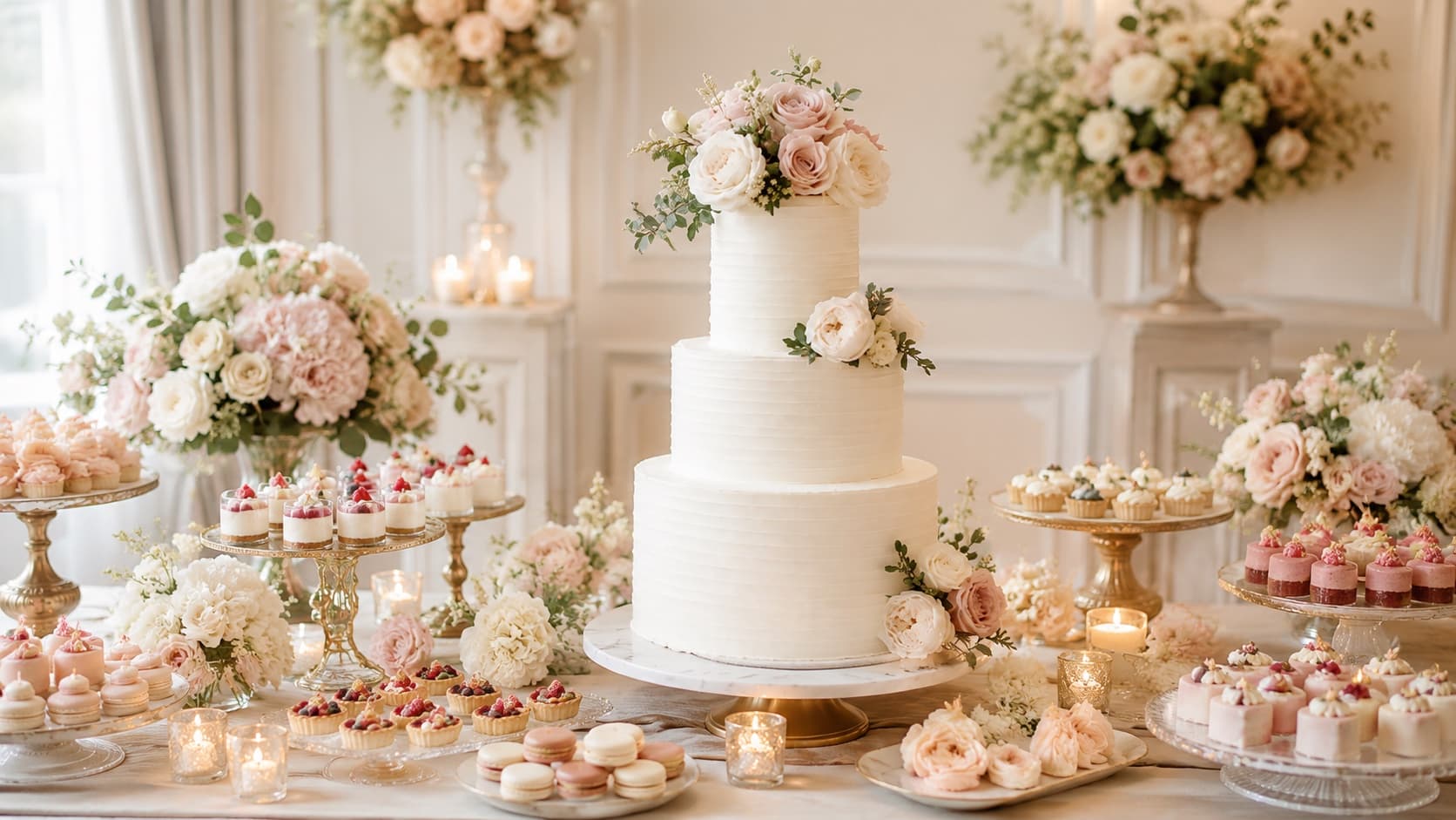 Romantic white and blush wedding dessert table styled by Vava Dessert Tables in a GTA venue